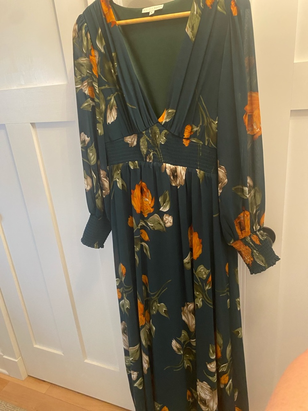 Baltic Born Olivia floral Long Sleeve V-Neck Maxi Dress Green with Orange Blooms